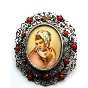 Antique 800 Silver Filigree hand painted Portrait Brooch Natural Coral late 1800